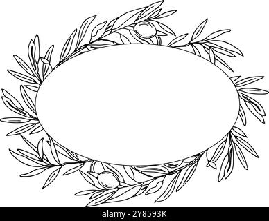 Cornice ovale Olive, ghirlanda con rami di ulivo e frutta isolata su sfondo bianco. Illustrazione del vettore di inchiostro per Logo, inviti di matrimonio, Salva il Illustrazione Vettoriale