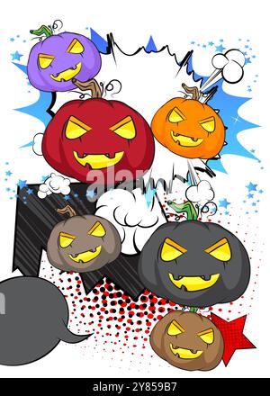 Cartoon Many Small Jack o' Lantern, fumetto Halloween Pumpkin. Fumetti vettoriali retrò e pop art. Illustrazione Vettoriale