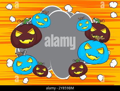 Cartoon Many Small Jack o' Lantern, fumetto Halloween Pumpkin. Fumetti vettoriali retrò e pop art. Illustrazione Vettoriale