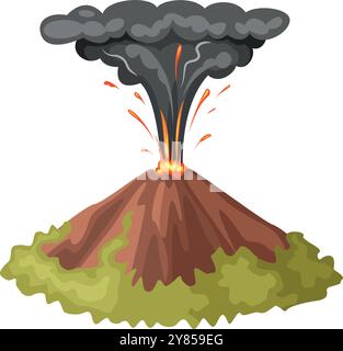 Icona del cartone animato Volcano Explosion. Lava calda e effetto fumo nero Illustrazione Vettoriale
