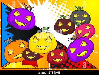 Cartoon Many Small Jack o' Lantern, fumetto Halloween Pumpkin. Fumetti vettoriali retrò e pop art. Illustrazione Vettoriale