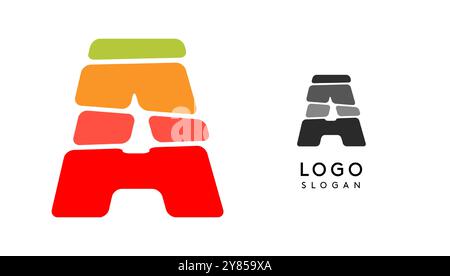 La lettera A, colorata e luminosa, crea blocchi a strati come sandwich, bilanciamento della pietra o impilamento di rocce. Moderno monogramma a cartoni animati per un libro gioioso per bambini, logo divertente. Vettore Illustrazione Vettoriale