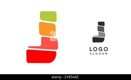 La lettera J, colorata e luminosa, crea blocchi a strati come sandwich, bilanciamento della pietra o impilamento di rocce. Moderno monogramma a cartoni animati per libro gioioso per bambini, logo dei giocattoli a blocchi Illustrazione Vettoriale