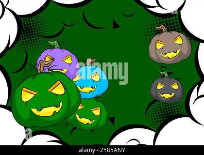 Cartoon Many Small Jack o' Lantern, fumetto Halloween Pumpkin. Fumetti vettoriali retrò e pop art. Illustrazione Vettoriale