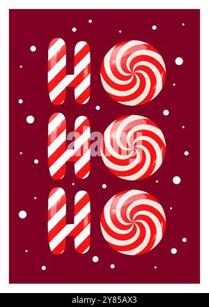 Ho ho ho divertente e colorata illustrazione vettoriale natalizia con simpatici lecca-lecca. Caramelle rosse e bianche di Natale, dessert tradizionale a turbolenza. Hohoho Babbo Natale Illustrazione Vettoriale
