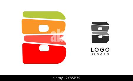 Lettera B colorata e luminosa, blocchi a strati come sandwich, bilanciamento della pietra o impilamento di rocce. Moderno monogramma a cartoni animati per un libro gioioso per bambini, logo divertente. Vettore Illustrazione Vettoriale