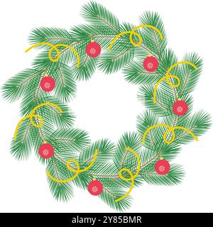 Corona di Natale con decorazioni natalizie bordo circolare. Saluto o modello di biglietti per il nuovo anno. Illustrazione vettoriale isolata schede tematiche, poster, social media, promozioni Web, banner, pubblicità Illustrazione Vettoriale