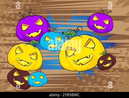 Cartoon Many Small Jack o' Lantern, fumetto Halloween Pumpkin. Fumetti vettoriali retrò e pop art. Illustrazione Vettoriale