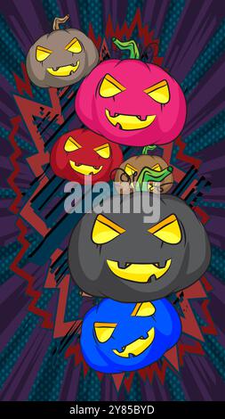 Cartoon Many Small Jack o' Lantern, fumetto Halloween Pumpkin. Fumetti vettoriali retrò e pop art. Illustrazione Vettoriale