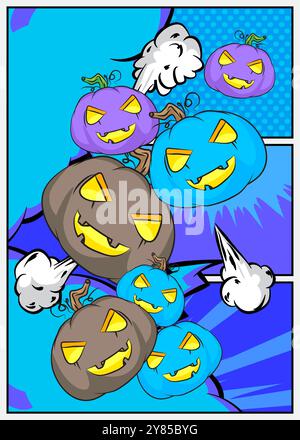 Cartoon Many Small Jack o' Lantern, fumetto Halloween Pumpkin. Fumetti vettoriali retrò e pop art. Illustrazione Vettoriale