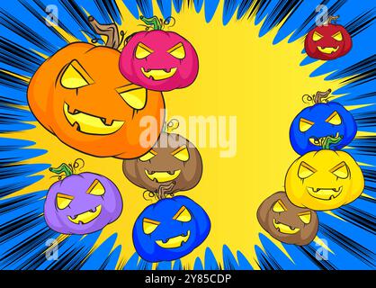 Cartoon Many Small Jack o' Lantern, fumetto Halloween Pumpkin. Fumetti vettoriali retrò e pop art. Illustrazione Vettoriale