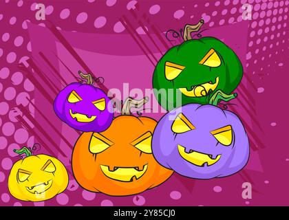 Cartoon Many Small Jack o' Lantern, fumetto Halloween Pumpkin. Fumetti vettoriali retrò e pop art. Illustrazione Vettoriale