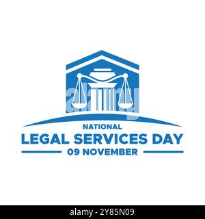 National Legal Services Day, 9 novembre, grafica vettoriale National Legal Services Day tenutasi il 9 novembre, biglietto d'auguri, modello modificabile. Illustrazione Vettoriale