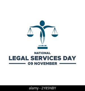 National Legal Services Day, 9 novembre, grafica vettoriale National Legal Services Day tenutasi il 9 novembre, biglietto d'auguri, modello modificabile. Illustrazione Vettoriale