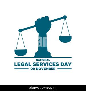 National Legal Services Day, 9 novembre, grafica vettoriale National Legal Services Day tenutasi il 9 novembre, biglietto d'auguri, modello modificabile. Illustrazione Vettoriale