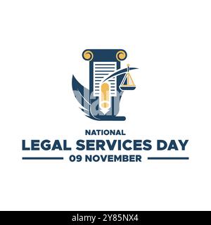 National Legal Services Day, 9 novembre, grafica vettoriale National Legal Services Day tenutasi il 9 novembre, biglietto d'auguri, modello modificabile. Illustrazione Vettoriale