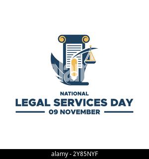 National Legal Services Day, 9 novembre, grafica vettoriale National Legal Services Day tenutasi il 9 novembre, biglietto d'auguri, modello modificabile. Illustrazione Vettoriale