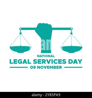 National Legal Services Day, 9 novembre, grafica vettoriale National Legal Services Day tenutasi il 9 novembre, biglietto d'auguri, modello modificabile. Illustrazione Vettoriale