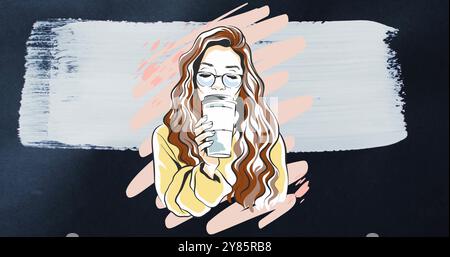 Immagine di una donna caucasica che beve caffè da asporto su pennellata bianca sul nero Foto Stock