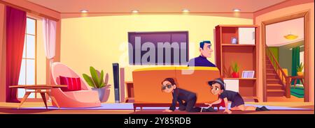 Bambini che giocano a nascondino con il padre in salotto. Illustrazione vettoriale di adolescenti e ragazzi in abiti da spia neri che strisciano sul pavimento, uomo seduto sul divano davanti alla TV, divertimento per tutta la famiglia Illustrazione Vettoriale