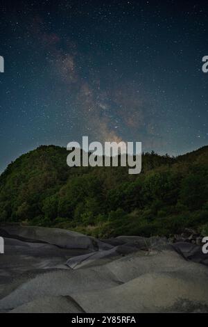 Uno splendido cielo notturno pieno di stelle e la via Lattea sopra dolci colline e alberi lussureggianti, creando un'atmosfera tranquilla. Foto Stock