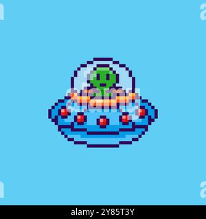 Pixel art Alien in UFO Spaceship design delle risorse di gioco Illustrazione Vettoriale