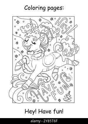 I bambini di Natale si colorano con un simpatico e allegro unicorno. Ehi, divertiti a scrivere. Illustrazione monocromatica del cartone animato vettoriale. Pagina di libri da colorare per bambini. Per Illustrazione Vettoriale