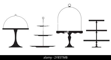Vassoio di torta per il tè nuziale, sagoma del vassoio con piedistallo isolato. Supporto da tavolo retro, piedistallo e piatto da esposizione per dessert, dolci e pasticcini. Servire Illustrazione Vettoriale