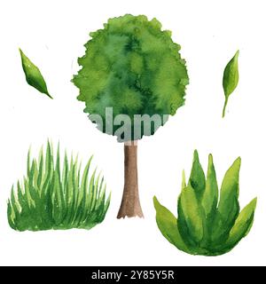 Acquerello con albero dei cartoni animati, prato verde, giardino con carote e cespugli isolati su sfondo bianco. Per il design della doccia del bambino, l'arredamento, il po Foto Stock