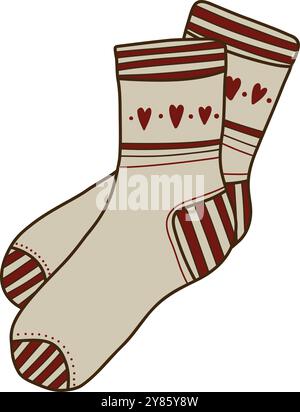 Calze calde e accoglienti, scarabocchiate. Illustrazione vettoriale in stile doodle alla moda isolata su sfondo bianco. Vestiti per l'inverno, Capodanno e Natale Illustrazione Vettoriale