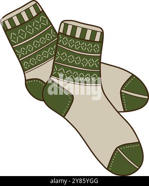 Calze calde e accoglienti, scarabocchiate. Illustrazione vettoriale in stile doodle alla moda isolata su sfondo bianco. Vestiti per l'inverno, Capodanno e Natale Illustrazione Vettoriale