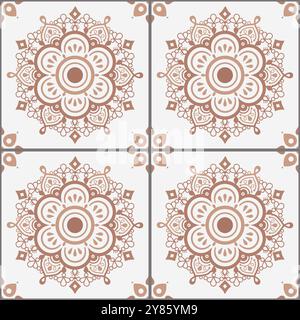 Piastrelle indiane con mandala e fiori in marrone su sfondo bianco - motivo di piastrelle vettoriali ripetitive Illustrazione Vettoriale