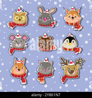 Etichette con adesivi natalizi rotondi con personaggi carini. Gatto, orso, topo, pinguino, coniglietto, fox. Buon Natale e felice anno nuovo. Illustrazione vettoriale Illustrazione Vettoriale