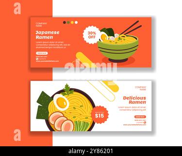 Illustrazione di sfondo dei modelli disegnati a mano per banner orizzontali Ramen Japanese Food Flat Cartoon Illustrazione Vettoriale