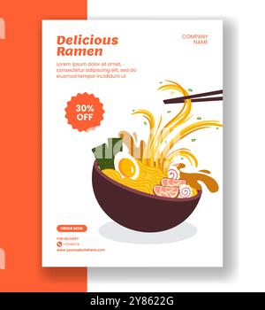 Poster verticale Ramen Japanese Food Flat Cartoon Hand Drawn Templates illustrazione di sfondo Illustrazione Vettoriale