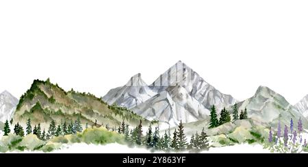Paesaggio di montagne cime innevate, scogliere scogliere scogliere vista alpina, foresta di conifere disegnata a mano in acquerello. Banner senza interruzioni. Per Foto Stock