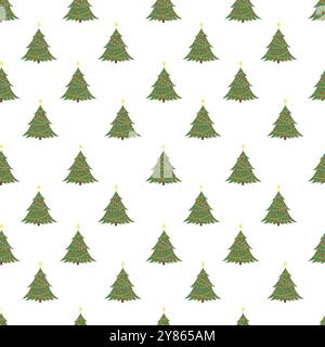 Motivo senza cuciture sull'albero di Natale su sfondo bianco. Stampa semplice per la carta da parati, l'imballaggio o il tessuto per le vacanze Illustrazione Vettoriale