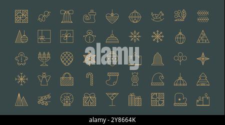 Insieme di icone degli elementi delle festività natalizie e Capodanno. Vacanze invernali elementi semplici. Fiocchi di neve vettoriali astratti, confezione regalo, palla, stella. Illustrazione Vettoriale