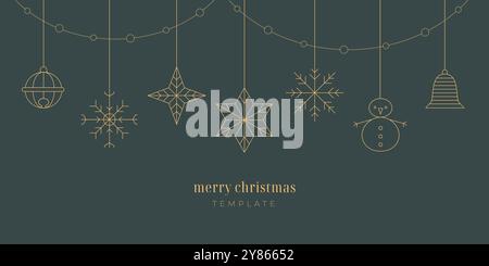 Linea minimalista color oro natalizio, fiocco di neve, palla, campana, ghirlanda. Banner per l'anno nuovo, biglietto. Natale appeso su sfondo verde. Illustrazione Vettoriale