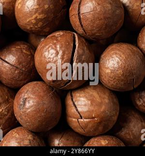 Primo piano di noci di macadamia che formano uno sfondo testurizzato, ideale per immagini di cibi e bevande Foto Stock