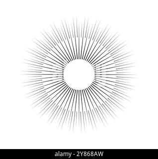 Raggio solare geometrico. Raggio di sole e sole, burst. Creatività minimalista e opere d'arte. Cerchio con linee radiali. Scoppiare e esplodere. Vettore lineare Illustrazione Vettoriale