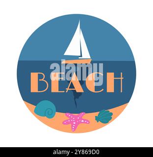 Adesivo estate. Barca in mare o nell'oceano. Viaggi e vacanze, vacanze. Resort e paradiso. Festa di stagione. Modello e layout. Vettore piatto Illustrazione Vettoriale