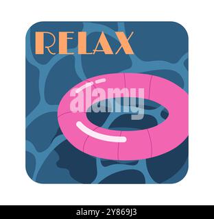 Adesivo estate. Salvagente rosa in piscina. Viaggi e vacanze, vacanze. Festa di stagione. Adesivo per i social network. Vettore piatto Illustrazione Vettoriale