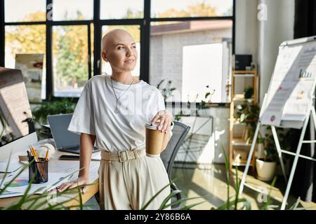 Una giovane donna calva indossa con sicurezza un abito elegante, sorseggiando un caffè in un ufficio luminoso. Foto Stock