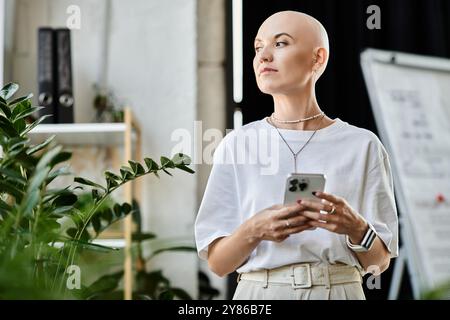 Un'elegante giovane donna calva sta in piedi con fiducia, controllando il suo telefono circondato da piante lussureggianti. Foto Stock