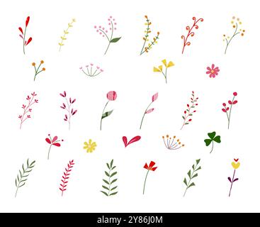 Una serie di colorate icone delle piante. Presenta vari tipi di piante e fiori in uno stile semplice e piatto su sfondo bianco. Illustrazione Vettoriale