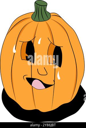 Zucca arancione con volto triste, lacrime e gambo verde. Decorazioni di Halloween, biglietti d'auguri, concetti emotivi, temi autunnali e post sui social media. Illustrazione Vettoriale