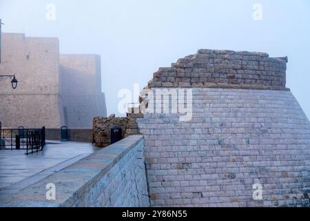 Il Bastione Santa Maria, avvolto nella nebbia, è una storica torre di difesa costiera a Monopoli, in Italia. Foto Stock