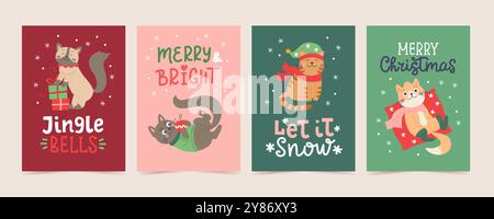 Set di biglietti di Natale. Simpatici personaggi di gatti divertenti con scritte disegnate a mano. Modelli di disegno per illustrazioni vettoriali Illustrazione Vettoriale
