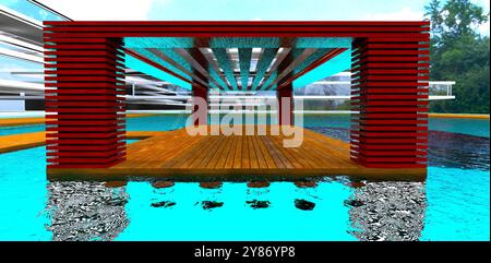 Design di un patio in legno nella piscina. Sgabelli da bar sommersi sott'acqua per la comodità degli ospiti dell'hotel. Rendering 3D. Foto Stock